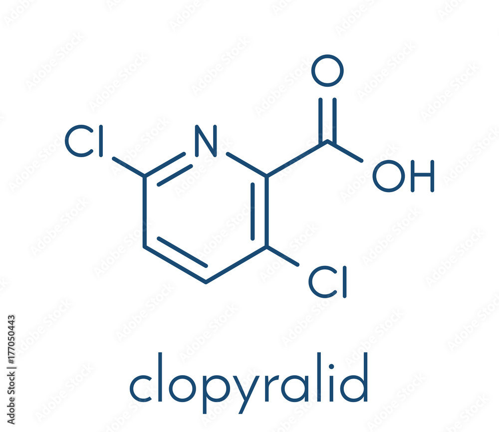 Clopyralid herbicide molecule. Skeletal formula. Clopyralid herbicide molecule. Skeletal formula.