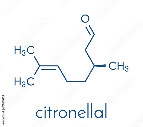 Citronellal citronella oil molecule. Used in insect repellents. Skeletal formula.