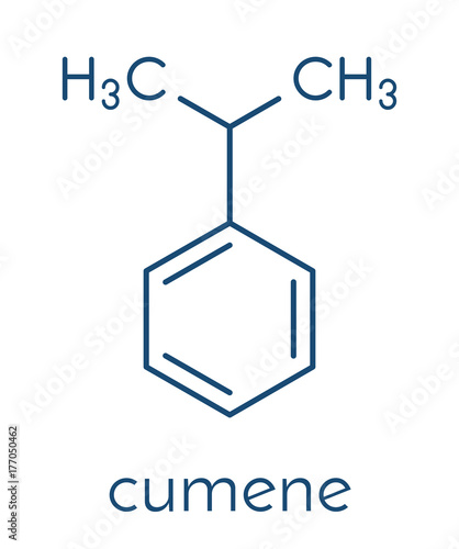 Cumene (isopropylbenzene) aromatic hydrocarbon molecule. Skeletal formula.