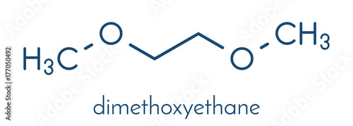 Dimethoxyethane (glyme, DME, dimethylene glycol) chemical solvent molecule. Skeletal formula.