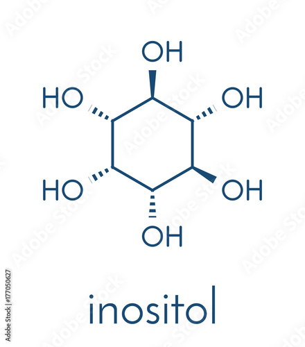 inositol (myo-inositol) molecule. Inositol and its phosphates play essential roles in a number of biological processes. Skeletal formula.