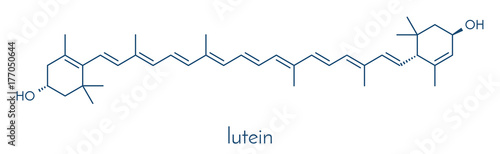 Lutein yellow-orange plant pigment molecule. Used as food and feed additive but also naturally present in many vegetables. Skeletal formula.