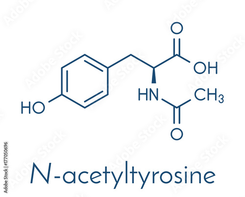 N-acetyl-tyrosine (NALT) molecule. Acetylated form of the amino acid tyrosine. Skeletal formula.