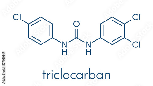 Triclocarban antibacterial agent molecule. Often used in antibacterial soaps and lotions. Skeletal formula.