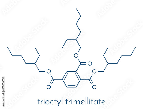 tri-octyl-trimellitate (TOTM, tris (2-ethylhexyl) trimellitate) plasticizer molecule. Alternative to phthalate plasticizers. Skeletal formula.