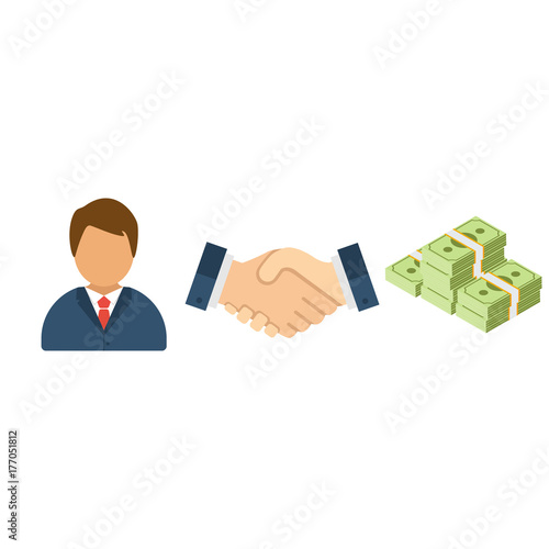 Businessman shaking hands on a signed contract and stack of money business icons