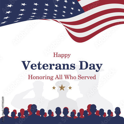 Happy Veterans Day. Greeting card with USA flag and soldier on background. National American holiday event. Flat vector illustration EPS10.