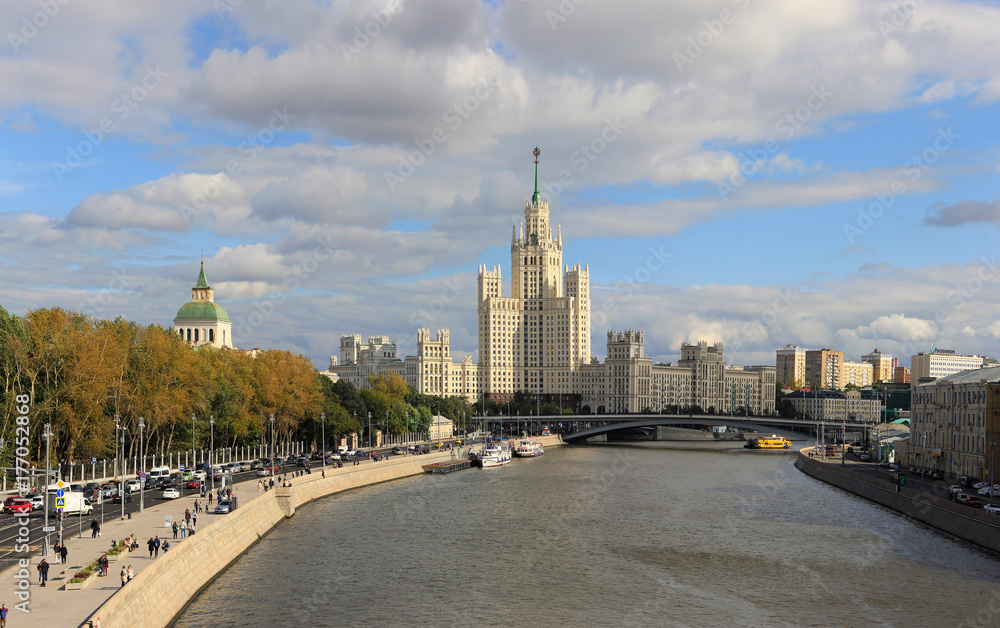 MOSCOW, RUSSIAN FEDERATION: View on river, Kotelnicheskaya Embankment and a skyscraper, 15 September 2017