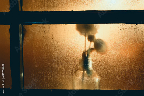 Vase with flowers behind moist windowglass photo