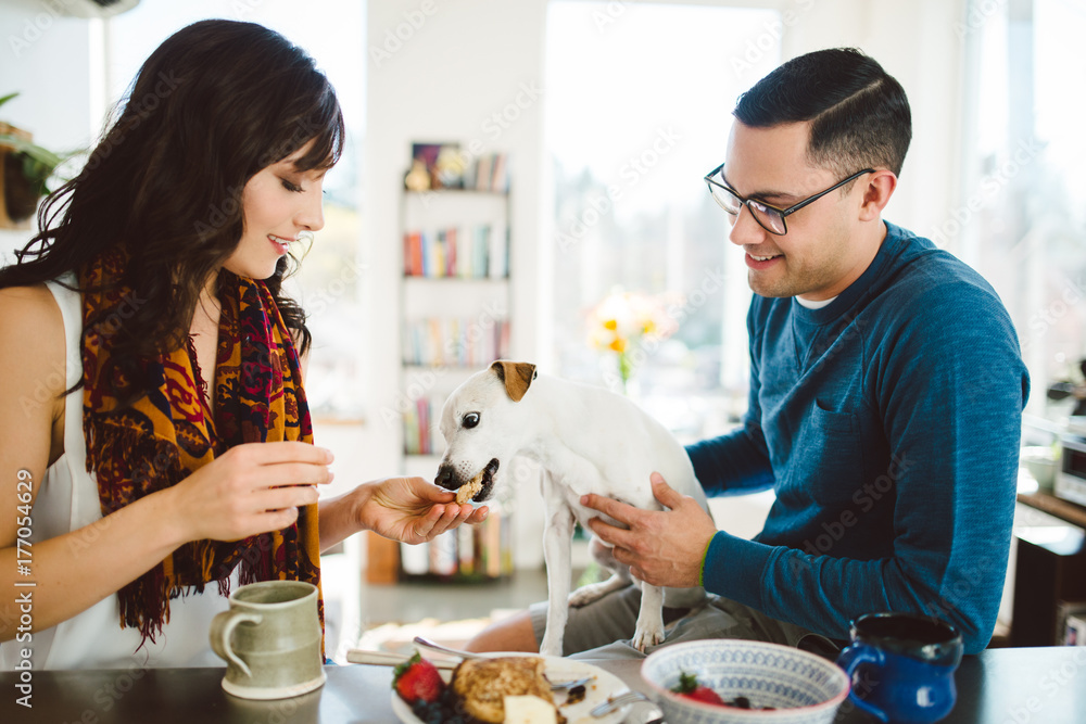 Young good looking couple eat breakfast together at their kitchen bar with their dog