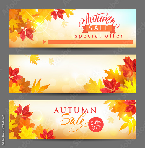 Autumn sale banners with colored leaves and lettering. Vector set.