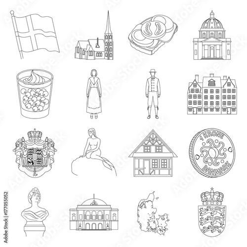 Symbol, Denmark, buildings and other web icon in outline style.Design, history, tourism icons in set collection.