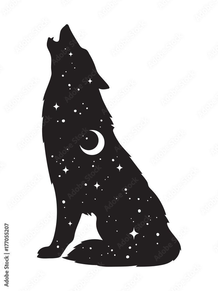 Obraz premium Sylwetka wilka z półksiężycem i gwiazdami na białym tle. Naklejka, czarna praca, druk lub ilustracja wektorowa projekt tatuażu flash. Pogański totem, wiccanowska sztuka chowańca