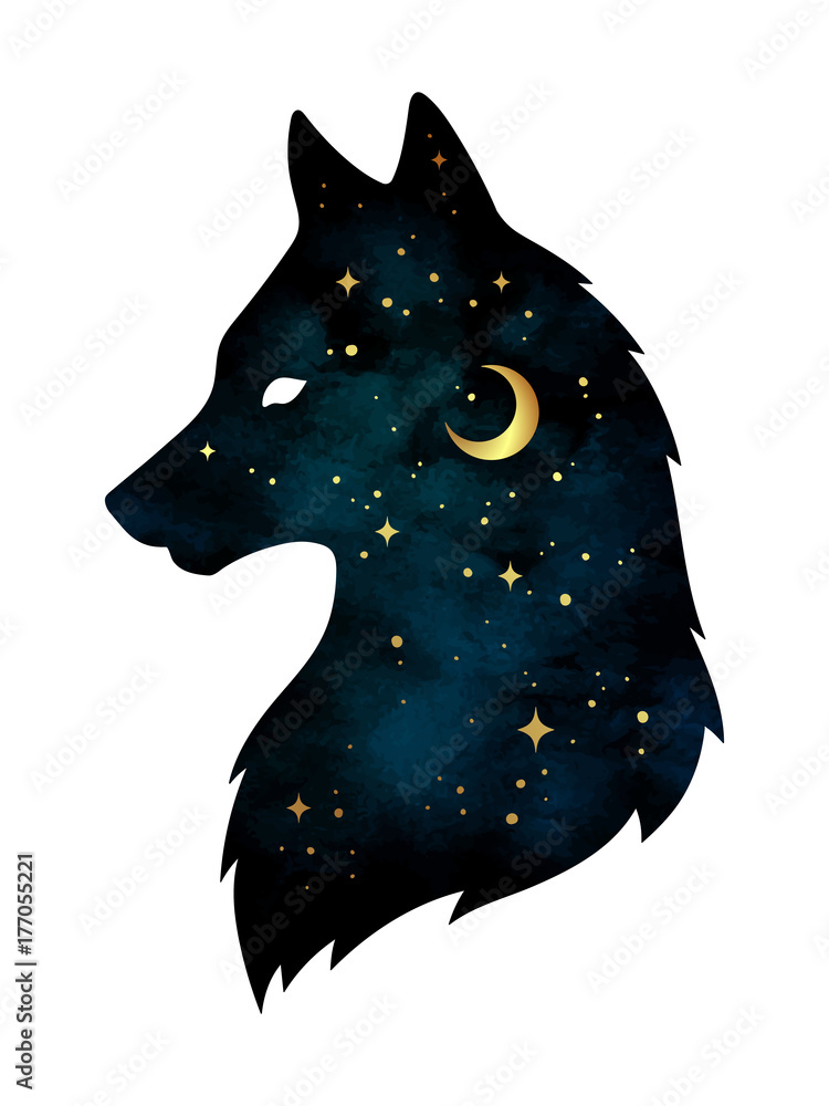 Fototapeta Sylwetka wilk z półksiężycem księżyc i gwiazdami odizolowywającymi. Ilustracja wektorowa projekt naklejki, druk lub tatuaż. Pagan totem, wiccańska duchowa sztuka