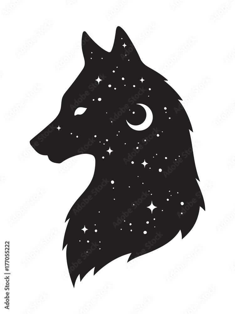 Fototapeta premium Silhouette of wolf with crescent moon and stars isolated. Sticker, black work, print or flash tattoo design vector illustration. Pagan totem, wiccan familiar spirit art