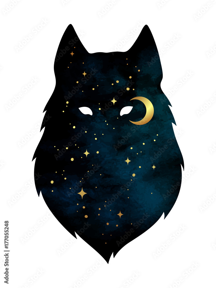 Obraz premium Sylwetka wilka z półksiężycem i gwiazdami na białym tle. Ilustracja wektorowa projekt naklejki, druku lub tatuażu. Pogański totem, wiccanowska sztuka chowańca