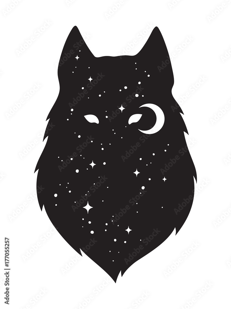 Naklejka premium Silhouette of wolf with crescent moon and stars isolated. Sticker, black work, print or flash tattoo design vector illustration. Pagan totem, wiccan familiar spirit art