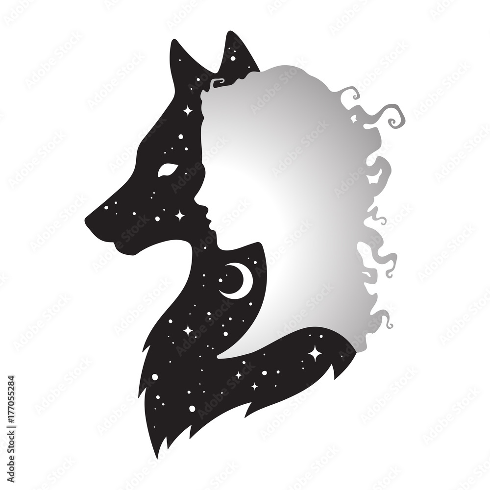 Obraz premium Sylwetka piękna kobieta z cieniem wilka z półksiężycem i gwiazdami na białym tle. Ilustracja wektorowa projekt naklejki, druku lub tatuażu. Pogański totem, wiccanowska sztuka chowańca