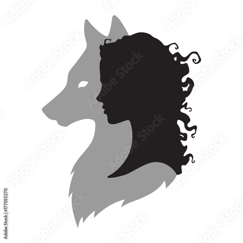 Silhouette of beautiful woman with shadow of wolf isolated. Sticker, print or tattoo design vector illustration. Pagan totem, wiccan familiar spirit art