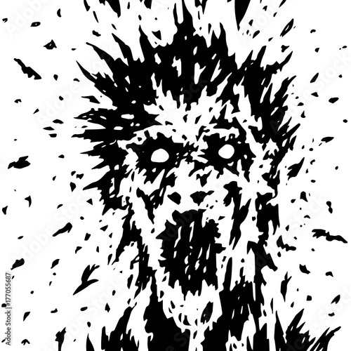 The screaming face of a ghost with protruding hair and blood splatters. Vector illustration.