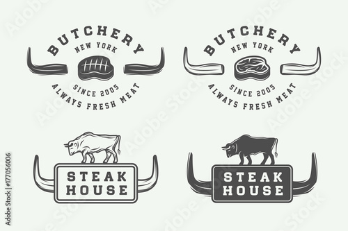 Set of vintage butchery meat, steak or bbq logos, emblems, badges, labels. Graphic Art. Vector Illustration.