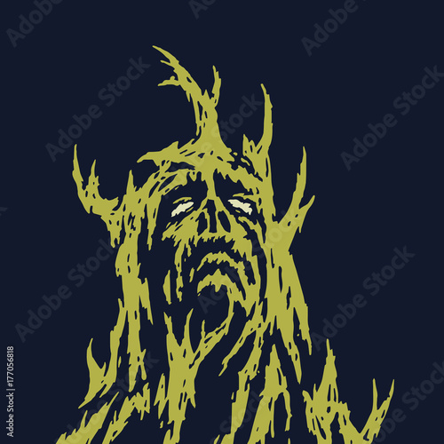 A sad monster with branches growing out of his body. Vector illustration.