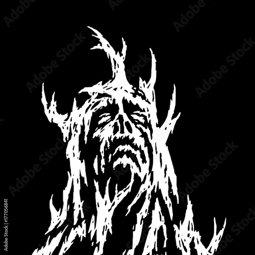 Photo A demon with branches growing from it looks up