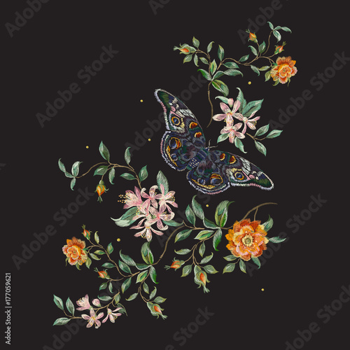 Embroidery trend floral pattern with wild roses and butterfly. Vector traditional design set with flowers for wearing.