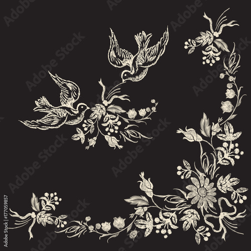 Embroidery floral corner pattern with wild flowers and pigeons. Vector traditional design set with chamomiles for wearing.