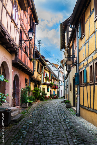Traditional french houses and shops in Eguisheim  Alsace  France