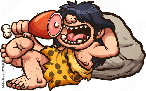 Happy cartoon caveman eating an animal leg. Vector clip art illustration with simple gradients. Caveman and rock on separate layers. 