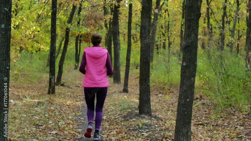 Running - woman runner jogging on autumn forest path. Fit female sport fitness model athlete trail running training. Runner gril in sportswear running in park exercising outdoors. Running - woman runner jogging on autumn forest path. Fit female sport fitness model athlete trail running training. Runner gril in sportswear running in park exercising outdoors.