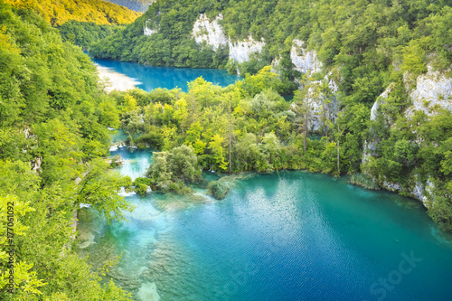 Aerial view on Plitvice lakes and waterfalls  Croatia