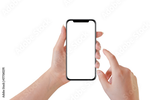 Woman hand holding modern black smartphone, isolated on white background