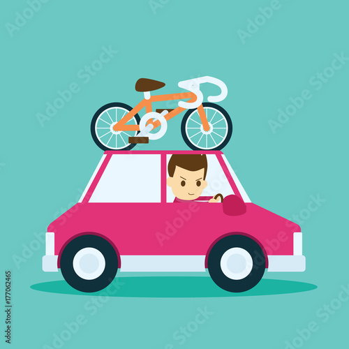 man driving a car carrying a bicycle on the roof © ungtaman