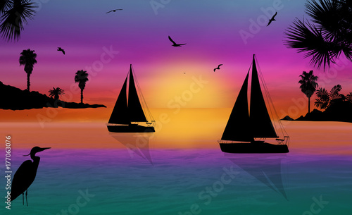 Silhouette of a sailingboats at the sea on beautiful sunset photo