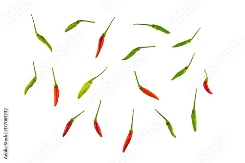 Vibrant red chili on white background, lay flat from above