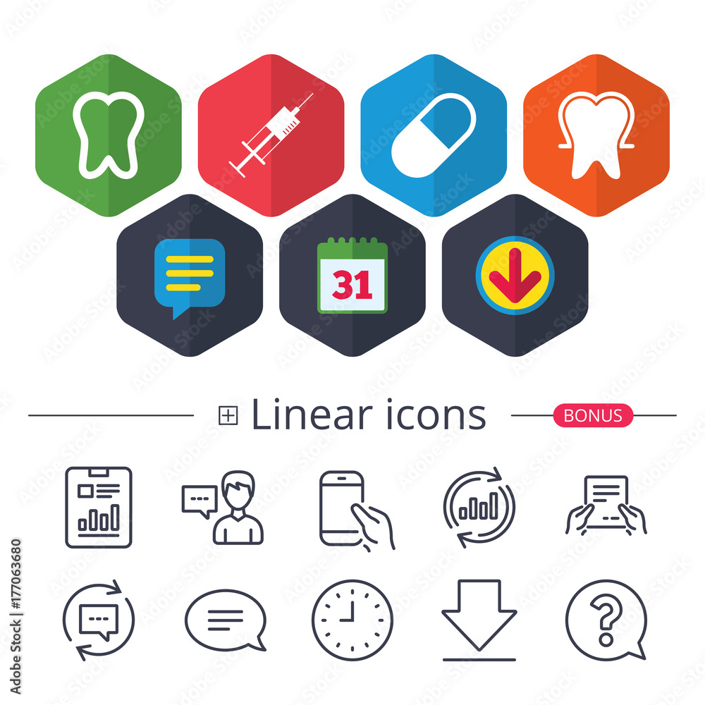 Tooth enamel icons. Medical syringe and pill. Tooth enamel icons. Medical syringe and pill.