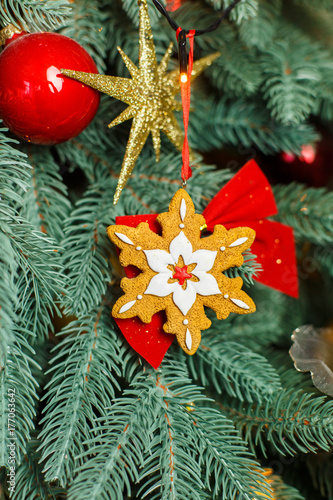 beautiful decoration on the spruce. Traditional Christmas toys