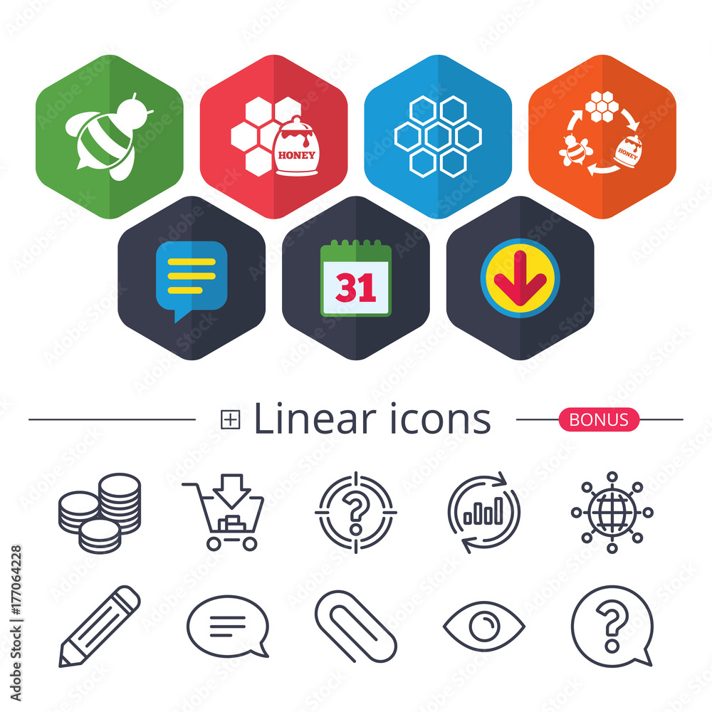 Honey icon. Honeycomb cells with bees symbol. Honey icon. Honeycomb cells with bees symbol.