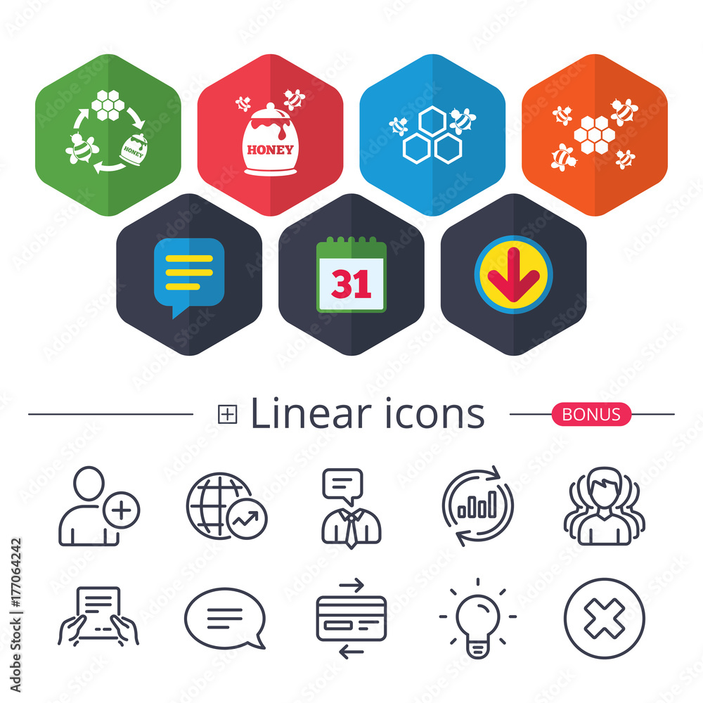 Honey icon. Honeycomb cells with bees symbol. Honey icon. Honeycomb cells with bees symbol.