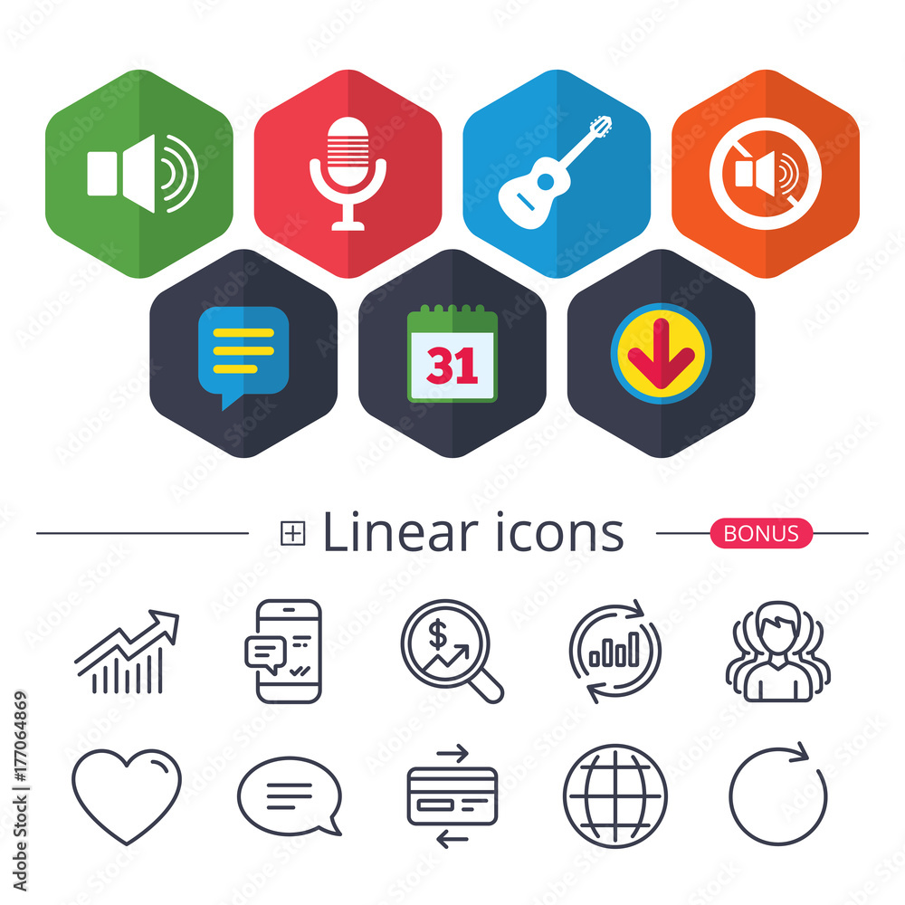 Musical elements icon. Microphone, Sound speaker. Musical elements icon. Microphone, Sound speaker.