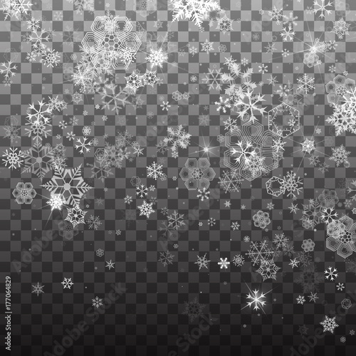 Snowflake vector. Falling Christmas snow fall isolated. Snowflakes decoration effect. Transparent snow flake pattern.