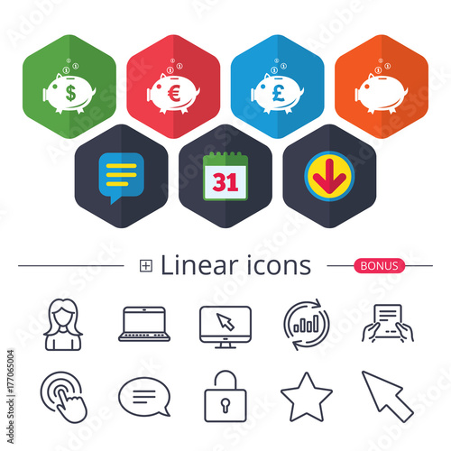 Piggy bank icons. Dollar, Euro, Pound moneybox.
