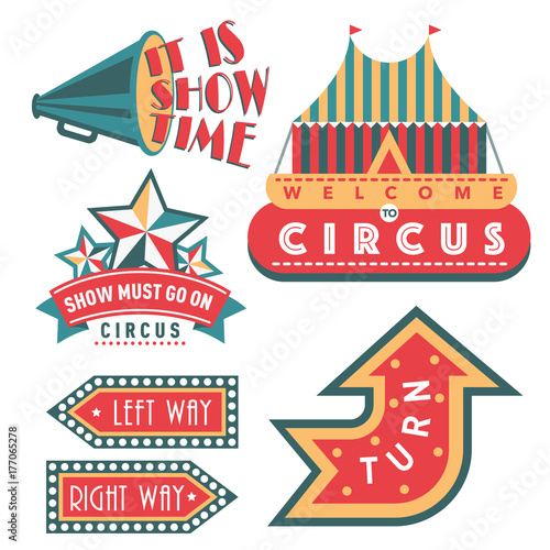 Circus vintage signboard labels banner vector illustration entertaining ticket sign