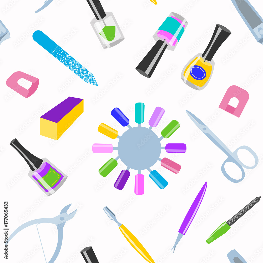 Manicure and pedicure foot hand health beauty fashion care fingers instruments vector personal cosmetics equipment seamless pattern background Manicure and pedicure foot hand health beauty fashion care fingers instruments vector personal cosmetics equipment seamless pattern background