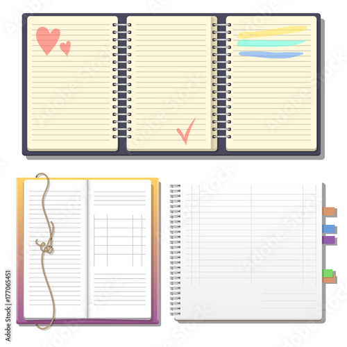 Set of open realistic notebooks with pages diary office sheet template booklet and blank paper education copybook organizer vector illustration.