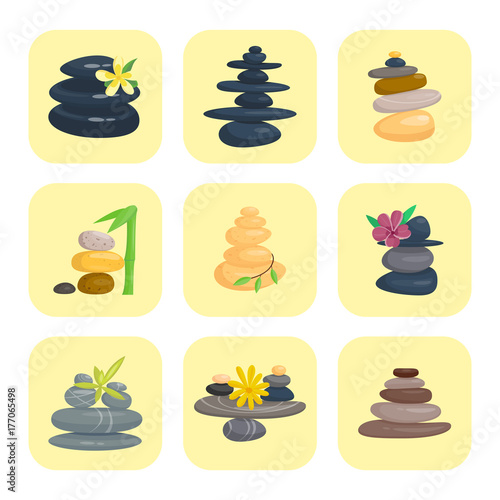 Pyramid from sea pebble relax heap stones healthy wellness black massage meditation natural tool spa balance therapy zen vector illustration.