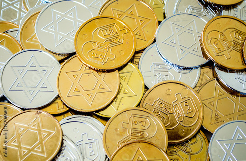 background texture close up full frame of colorful Hanukkah coins photo