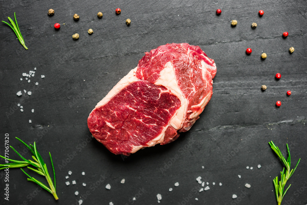 Colorful steak meat from angus wagyu beef against black background